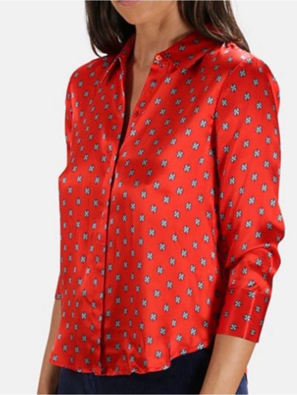 LAGENCE Silk Jil Blouse Royal Red Multi Maestro XS 3/4 Sleeve Geometric Chic
